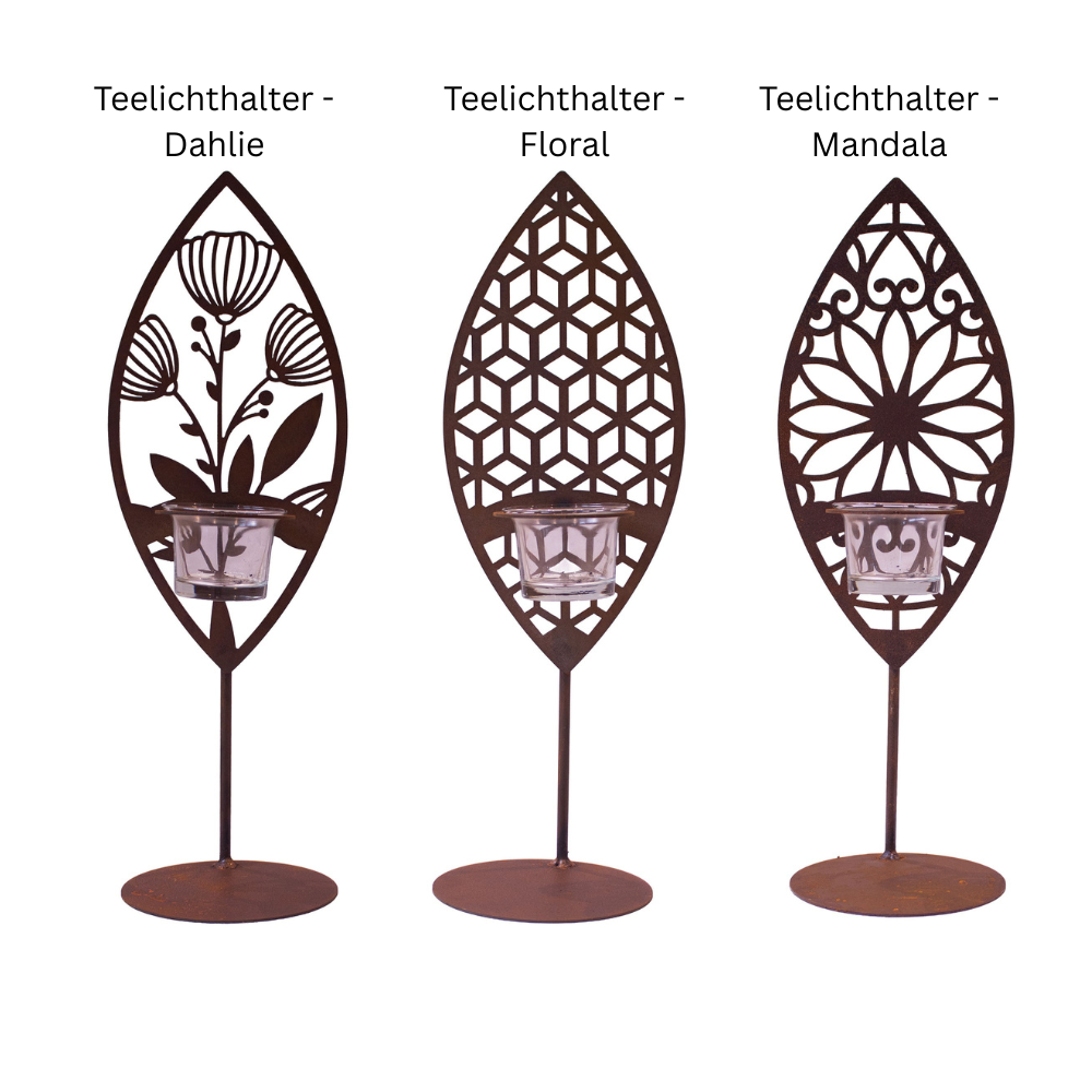 Teelichthalter Dahlie Floral und Mandala Stilvolle Edelrost-Tischdeko im 3er-Set