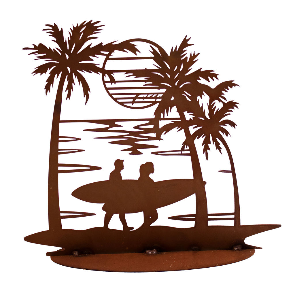 Traumstrand - Edelrost Sommer Deko Surfer und Palmen Rostige Gartendeko