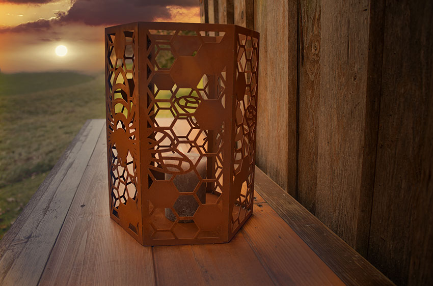 Windlicht Bienenwabe aus Metall 6eckig Edelrost Kerzenhalter mit Wabendekor